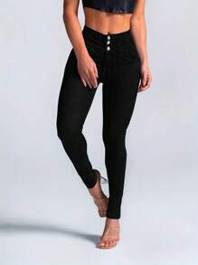 High Waist Button Up Skinny Jeans - Women's Autumn Clothing - Black - View 5