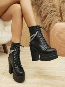Women's Fashion Gothic Style Platform Short Boots, With Double Strap And Back Zipper Design, Decorated With Black Chain Accent, High Heel Motorcycle Boot - Black - View 5
