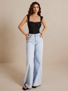 Poéselle 女式黑色荷叶边开襟连体衣、纯色无袖开襟露背刺绣修身吊带连体衣、挤奶女工连体衣、夏季黑色连体衣、蕾丝连体衣 - 黑色 - 查看 4