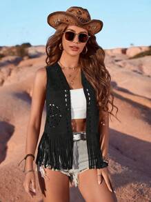 RELISH NOLESS 女式春夏牛仔女郎节日乡村音乐会假日外套休闲性感波西米亚风度假绒面流苏轻便夹克背心