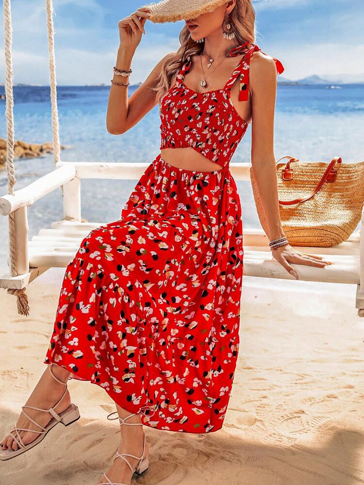 Women Summer Holiday Style Printed Spaghetti Strap Long Dress With Waist Tie And Hollow Out Details