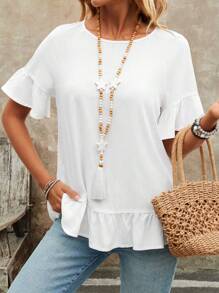 EMERY ROSE Camicia estiva casual a maniche corte con scollo a giro e orlo a volant