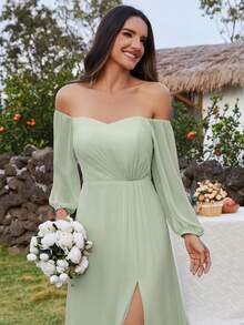 EVERPRETTY Elegant Spring Sweetheart Neck Off Shoulder Split Thigh Chiffon Mint Green Bridesmaid Dresses Formal Dress - Mint Green - View 4