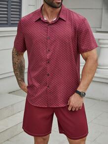 Manfinity Homme Men Plus Size All-Over Print Short Sleeve Shirt And Shorts Set, Summer - Burgundy - View 4