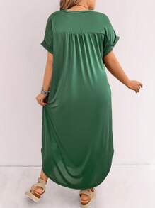 SHEIN LUNE Kích thước lớn NỮ Mùa hè Màu thuần Cổ chữ V Ngắn tay Lỏng lẻo Đầm - Màu xanh lá cây đậm - Xem 2