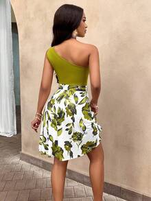 AIJ 女性優雅通勤款綁肩A線洋裝，帶有隨機植物印花 - 綠色 - 查看 2