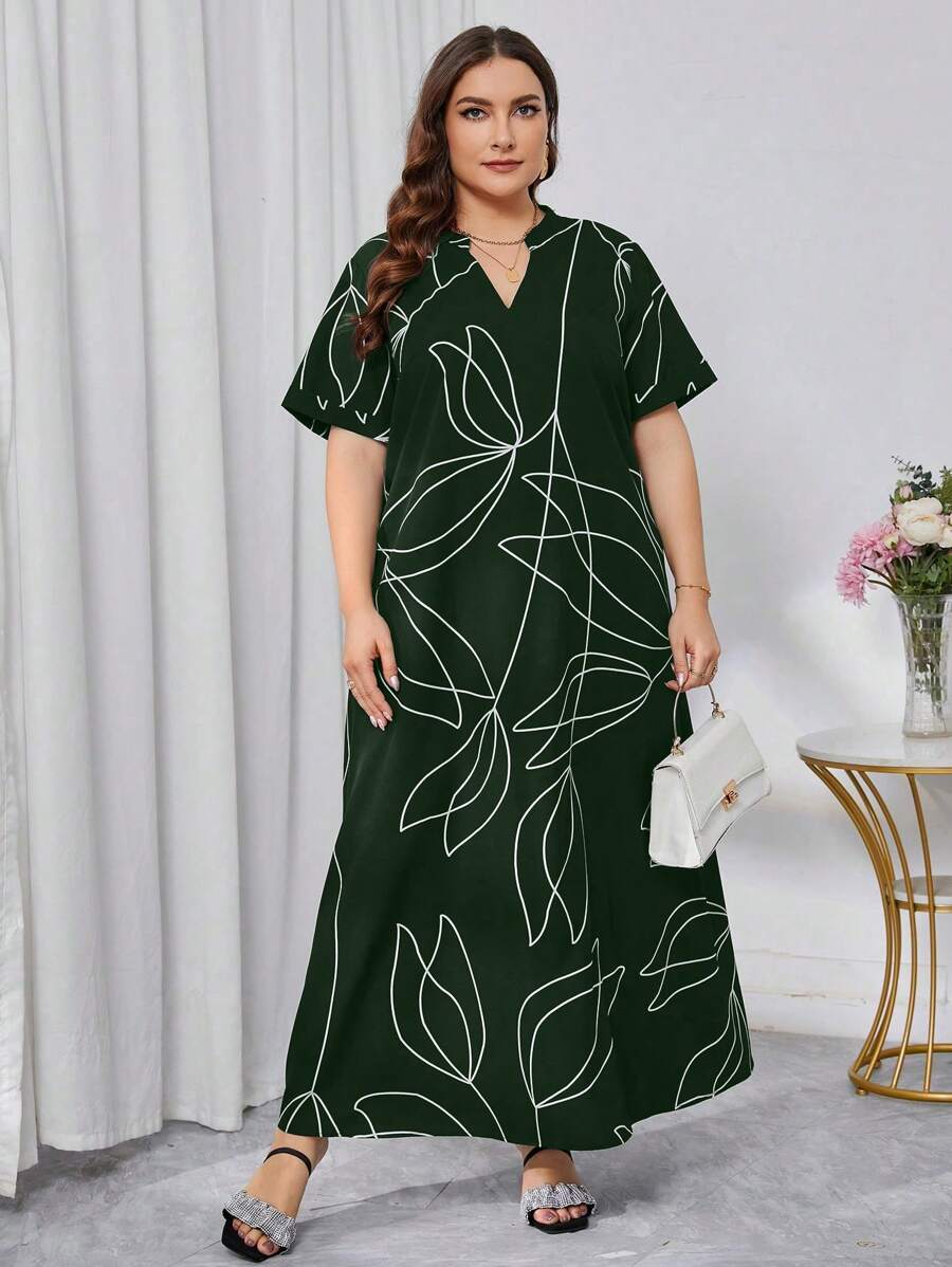 Plus Size Women Simple Line Printed Casual Summer Beach Dress - Dark Green - View 1