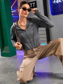 Streetz SHEIN Sport Chaqueta corta deportiva con capucha, cierre frontal de cremallera y cordón, con estampado de letras, para primavera y otoño. - Gris - Ver 6