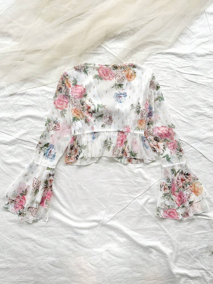 Vacation Floral Print Long Sleeve Shirt With Ruffle Trim