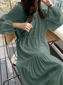 DAZY Women Round Neck Solid Color Loose Mid-Length Dress,Ruffle,Fall Women Clothes