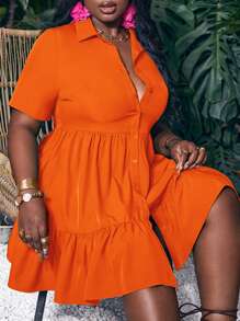 Slaydiva Váy hè thường ngày màu xanh lá cây cỡ lớn có vai thường, eo thắt và viền loe - trái cam - Xem 8