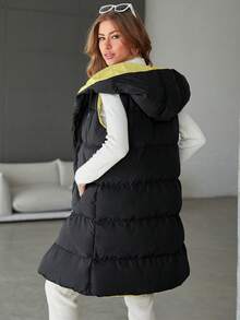 SHEIN Cottnline Ladies' Solid Color Zipper Hooded Mid-length Vest Padded Jacket - Black - View 6