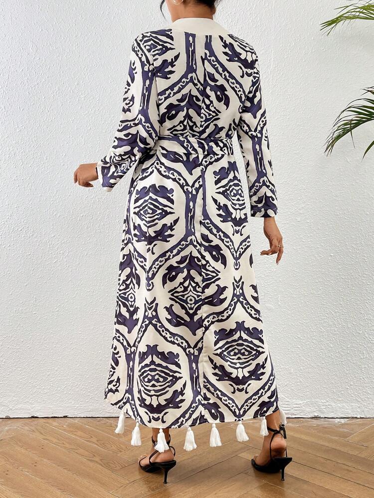 Women Fashionable Tassel Design Long Sleeve Long Dress