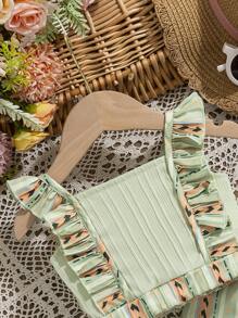 SHEIN Vintaside Kids Baby Girls' Summer Sage Green Vacation Holiday Funny Geometric Print Two-Piece Set,Woven Stripe Jacquard Spaghetti Strap Top And Wide Leg Pants - Multicolor - View 6