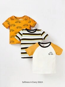 嬰兒男童3入組車印花短袖t恤套裝 - 黃色 - 查看 1