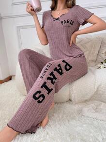 Women Paris Letter Printed Knitted Ribbed Sleepwear Set Pajama Set - Dusty Pink - View 3