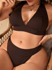 SHEIN Swim Curve 大码 V 领吊带无线沙滩比基尼套装，适合夏季海滩 - 棕色 - 查看 5