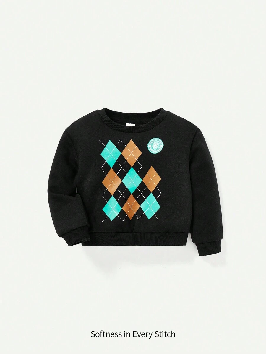 Cozy Pixies Baby Boy Argyle Print Sweatshirt - Black - View 1