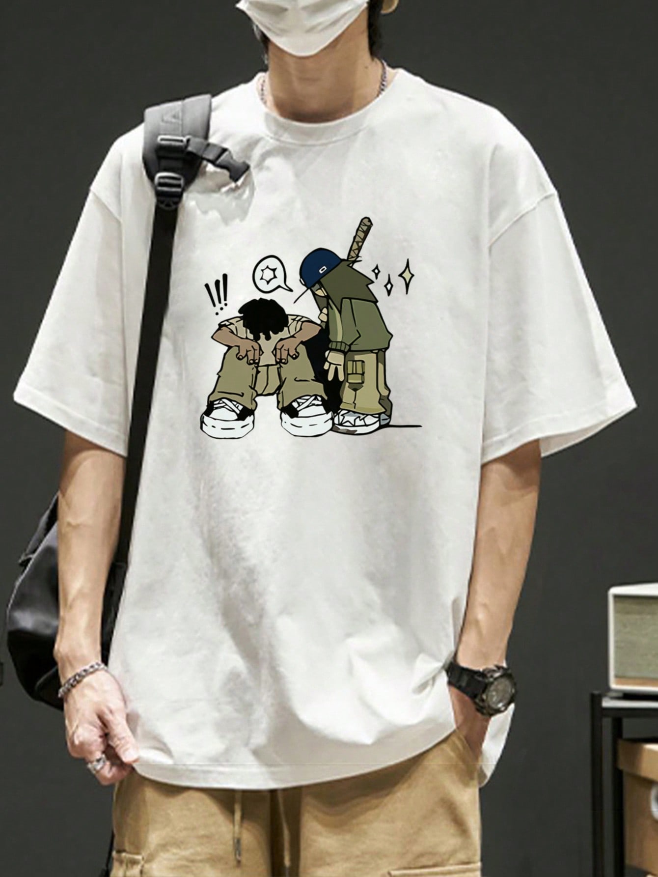 Casual Cartoon Print Dropped Shoulder T-Shirt For Men