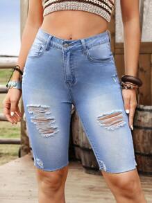 SHEIN LUNE Women\ Casual Bermuda Denim Shorts With Ripped Pockets - Light Wash - View 3