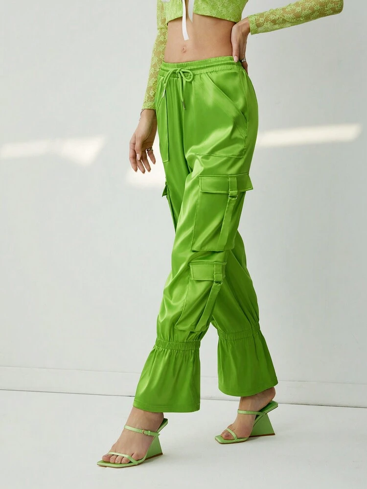 Women Solid Color Drawstring Waist Pants With Flap Pockets