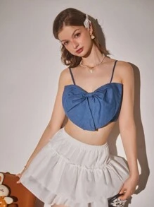 Aveloria Rosie Top de mezclilla corto con cami, decoración de lazo y espalda fruncida