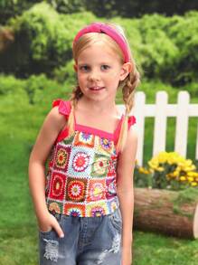 SHEIN Young Girl Flower Printed Halter Neck Camisole With Ruffled Shoulder Straps For Summer Holiday Style - Multicolor - View 1