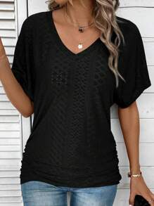 SHEIN LUNE Ladies" Solid Color Casual V-Neck Short-Sleeved T-Shirt For Daily Wear In Spring And Summer - Black - View 3