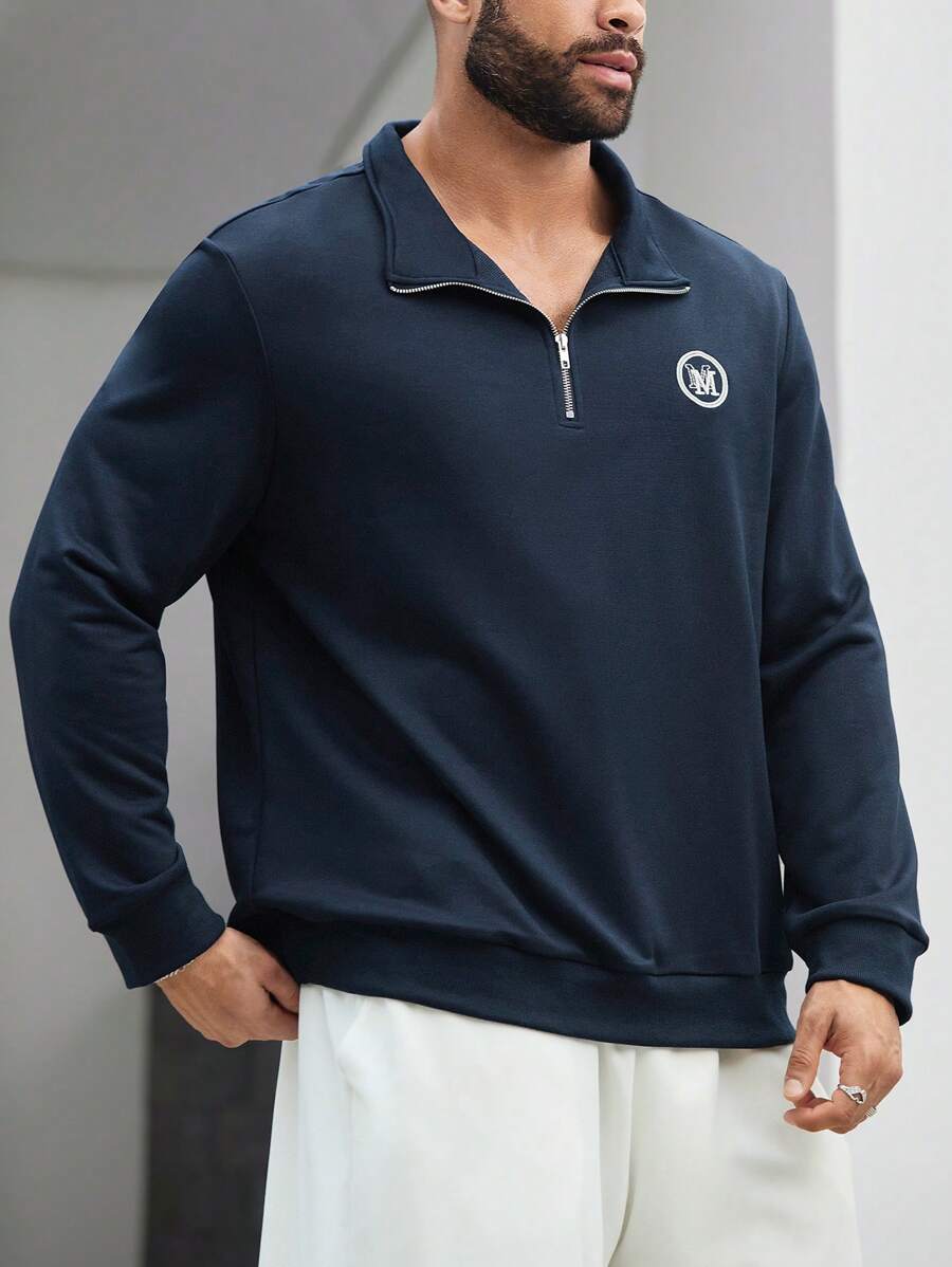 Manfinity Homme Áo nỉ chui đầu cỡ lớn dành cho nam, kiểu dáng thường ngày, có khóa kéo nửa thân và in chữ. - Màu xanh hải quân - Xem 1