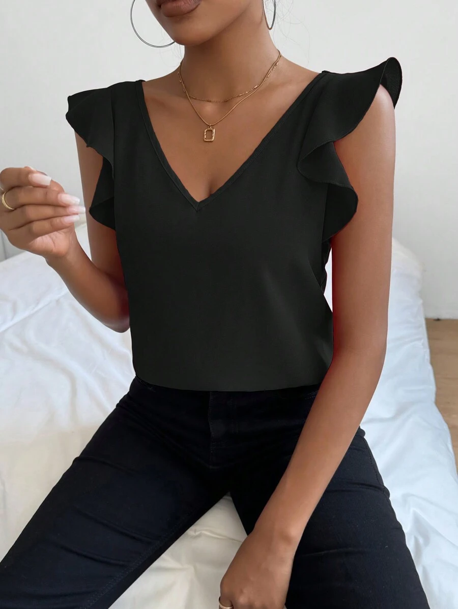 SHEIN Privé Áo sơ mi nữ cổ chữ V viền ren có mũ - màu đen - Xem 1
