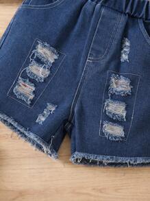 SHEIN Tricou cu mânecă scurtă cu guler asimetric și pantaloni scurți din denim rupti pentru fetiță, cu imprimeu de floarea soarelui, ocazional, din două piese