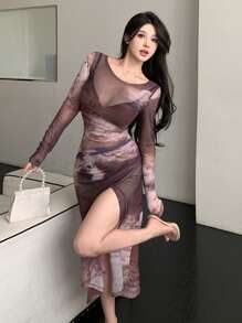 DAZY 女士扎染网纱长袖连衣裙，返校季服装，秋季连衣裙/长裙 - 棕色 - 查看 3