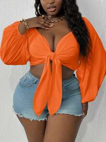 Slaydiva Cộng với áo crop top dài tay buộc phía trước mùa hè - trái cam - Xem 4