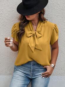 SHEIN LUNE Plus Size Belted Solid Color Simple All-Match Spring/Summer Shirt - Yellow - View 3