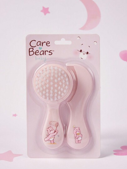 SHEIN X Care Bears مجموعة من 2 فرشاة وممشط شعر وردي فاتح للأطفال، مضادة للكهرباء الساكنة وبدون إتلاف الشعر، هدايا