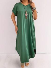 SHEIN LUNE Kích thước lớn NỮ Mùa hè Màu thuần Cổ chữ V Ngắn tay Lỏng lẻo Đầm - Màu xanh lá cây đậm - Xem 3