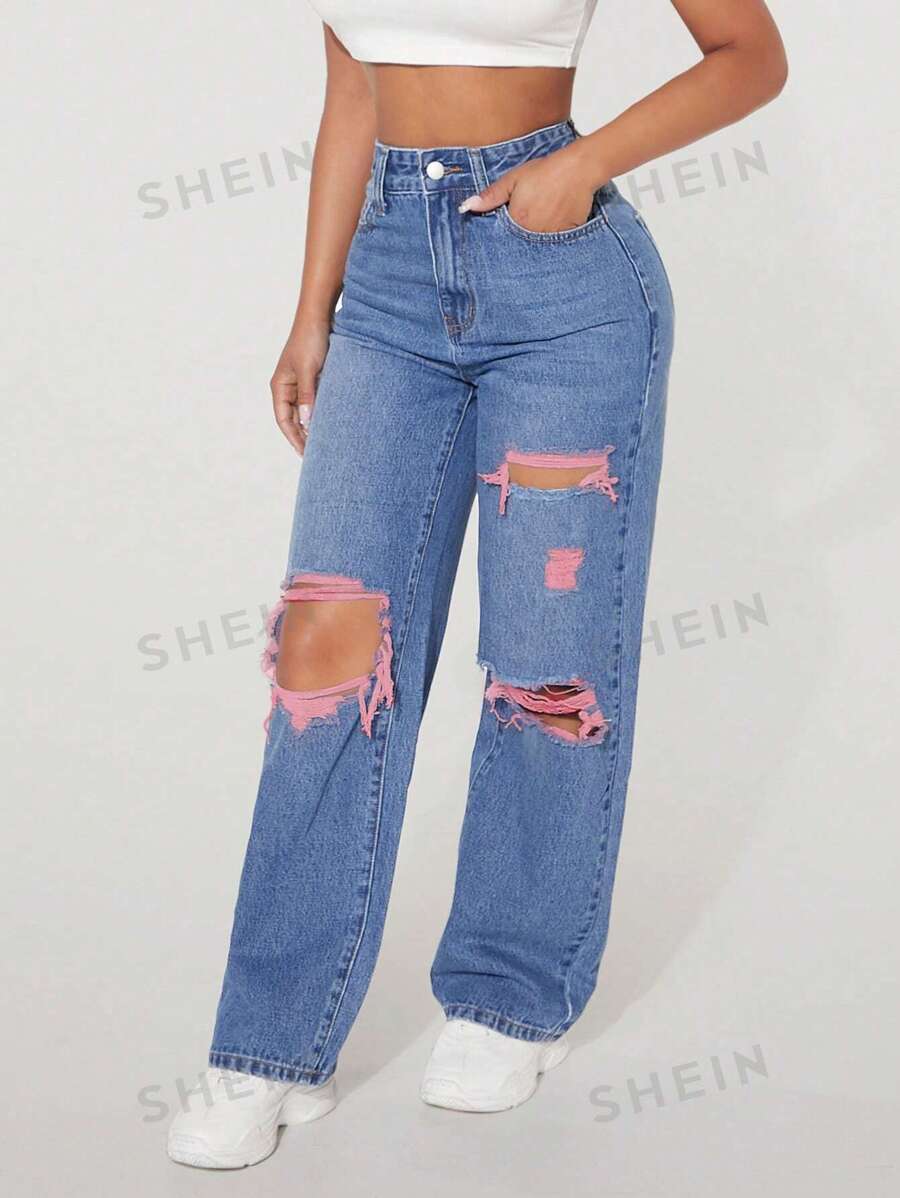 SHEIN PETITE Spring Summer Casual Distressed Straight Jeans for Sale ...