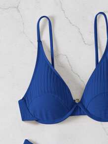 SHEIN Swim Women Summer Beach Solid Simple Ribbed Bikini Set For Daily Use - Royal Blue - View 3