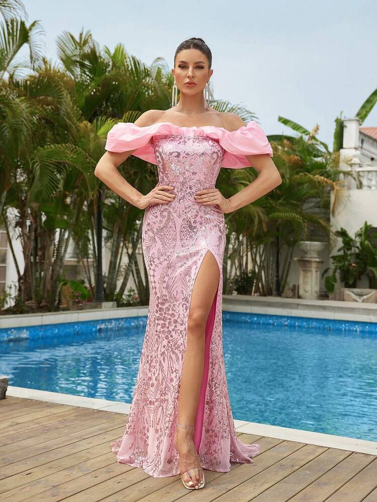 Elegant Off Shoulder Bow Detail Bow Design 3D Puffy Sleeves, Fine Beads And Fish-Tail Cutting, Sexy Slit And Train Heavy Work Dinner Party Dress