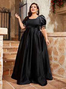 Plus Size Square Neckline Puff Sleeve Satin Fringe Glitter Dress Elegant Prom Semi Formal Wedding Guest Dress, For Birthday, Graduation, Homecoming Party Dress - Black - View 3