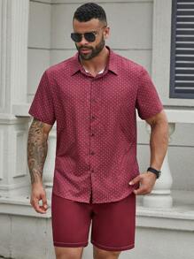 Manfinity Homme Men Plus Size All-Over Print Short Sleeve Shirt And Shorts Set, Summer - Burgundy - View 1