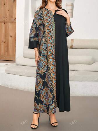 Women's Spring And Summer Vacation Leisure Retro Printed Patchwork Notched Neck Long Dress, Modest Kaftan