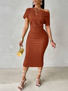 VaVaBold Vestido estilo bodycon feminino com Ombro aberto e Cor sólida para Festas - Castanho - Visão 5
