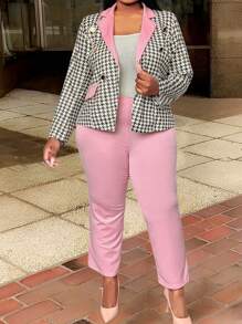 EMERY ROSE Plus Size Contrast Color Lapel Houndstooth Blazer And Pants Set - Multicolor - View 3