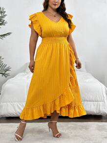 SHEIN Privé Plus Size Elegant Texture Fabric Yellow Dress With Ruffle Hem, Wide Sleeves And Loose Fit For Spring And Summer Vacation On The Beach - Yellow - View 4