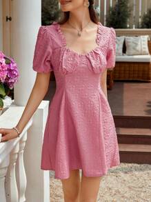 Chiquease 3D Textured Fabric Dress Featuring A Sweetheart Neckline Or Square Neckline, Puff Sleeves, A-Line Dress, Open Back And Tie Back Design For Women - Pink - View 6