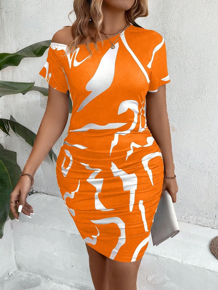 Celure Plus Size Full Print Asymmetrical Collar Ruffle Bodycon Dress For Summer - Orange - View 1