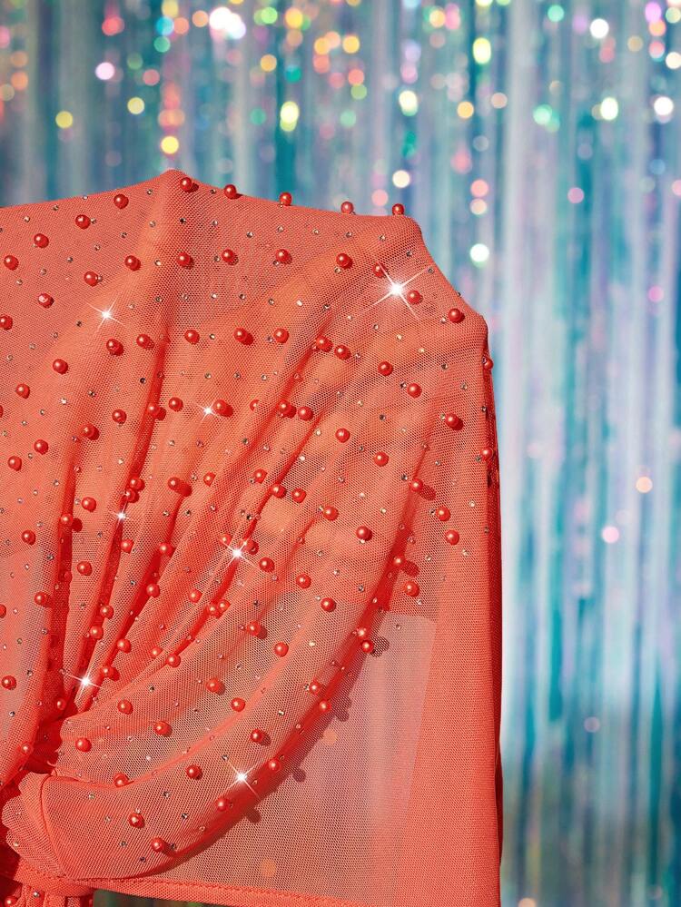 Women Sexy Reddish-Brown Faux Pearl V-Neck Sleeveless Sheer Bodysuit For Summer