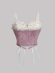 SHEIN MOD Denim-Effect And Ditsy Floral Printed Patchwork Lace-Up Bustier Cami Top - Pink - View 2
