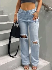 Jeans holgados rasgados de pierna recta para mujer, versátiles para uso casual diario